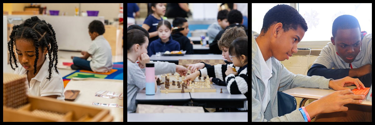 students playing with toys, students playing chess, students on a computer